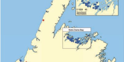 Mapa instalaciones acuicultura en Terranova y Labrador